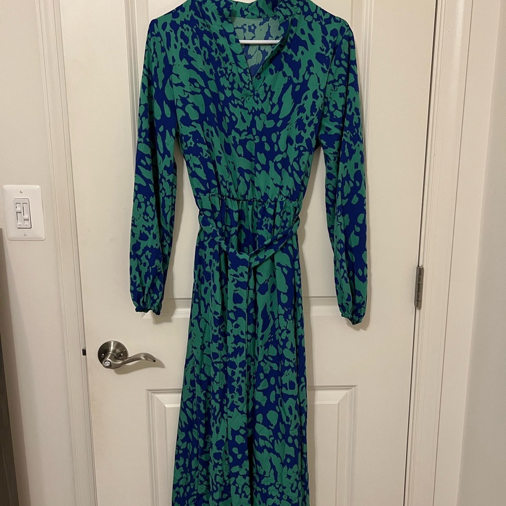 SHEIN Green and Blue Long Sleeve Wrap Maxi Dress